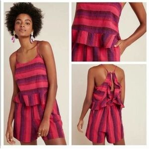 Anthropologie Amadi Melia Pink Purple Linen Cotton Stripe Ruffle Romper Small